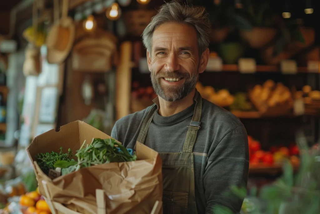 Venditore sorridente con un sacchetto di verdure fresche