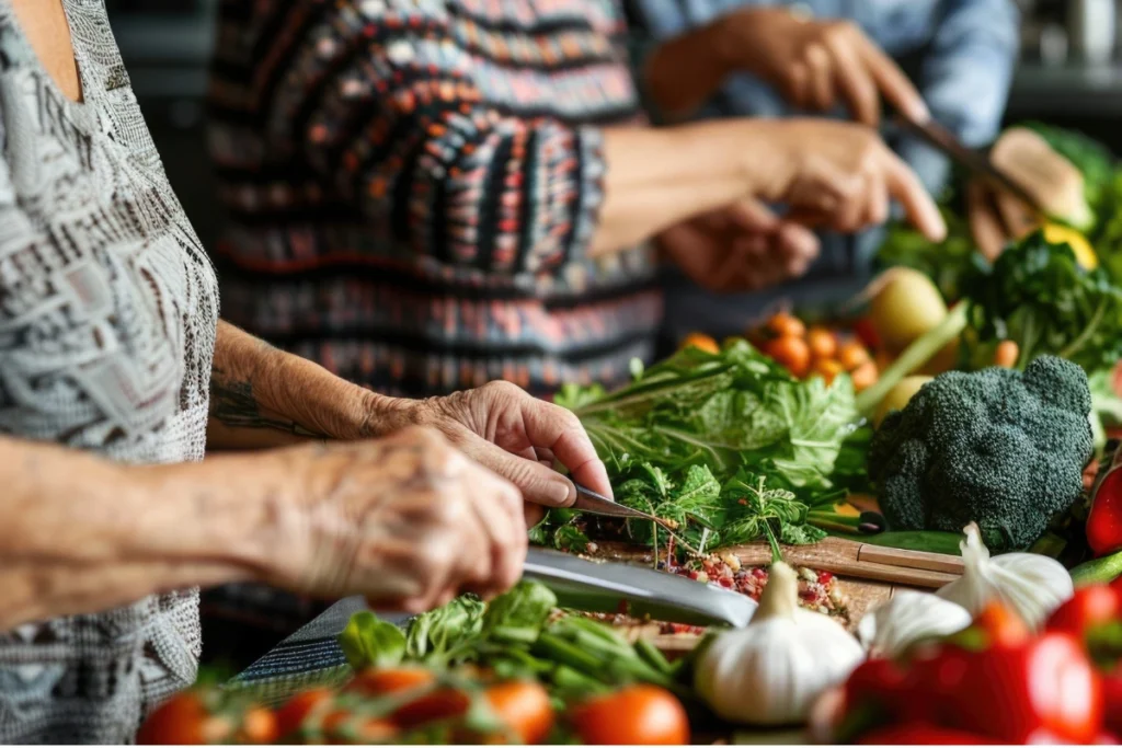 Momento di pulizia manuale delle verdure su di un banco