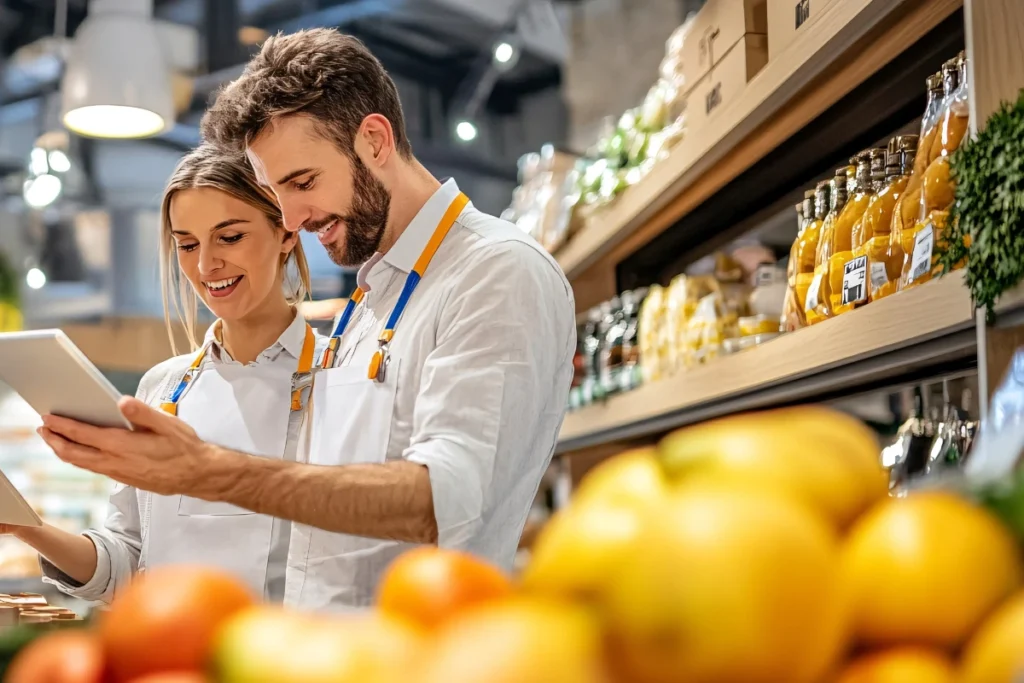 Coppia di addetti al supermercato controlla ordini con tablet nel reparto ortofrutta