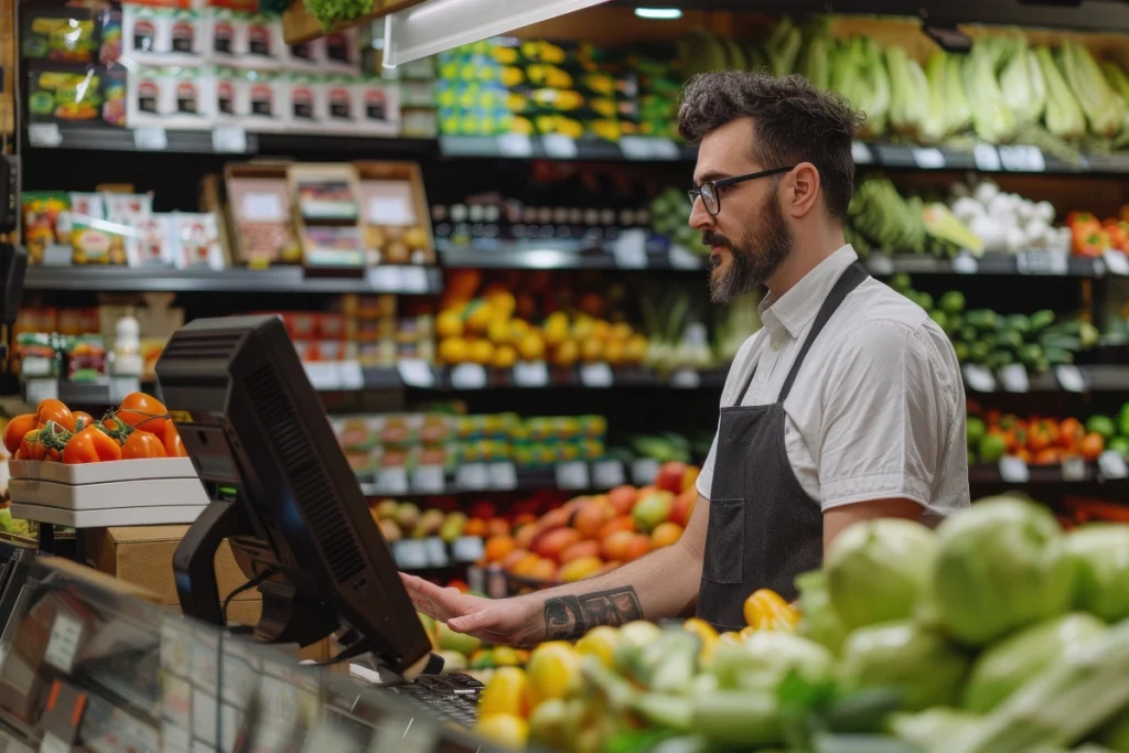 Operatore al lavoro in supermercato consulta la cassa