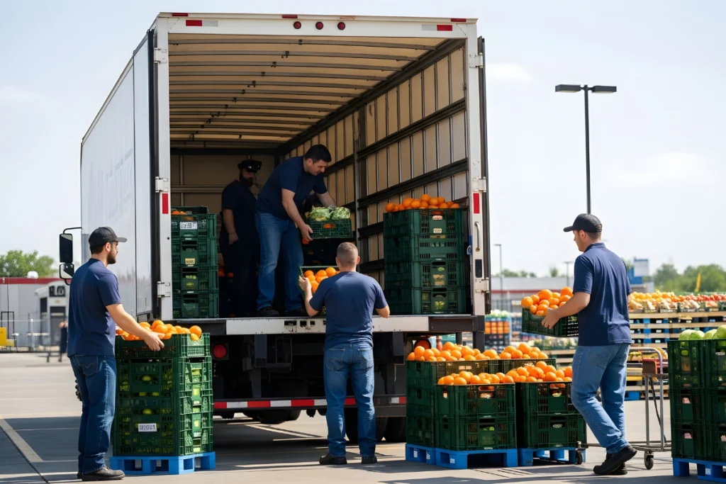 Operatori intenti a caricare un camion con bancali di frutta e verdura