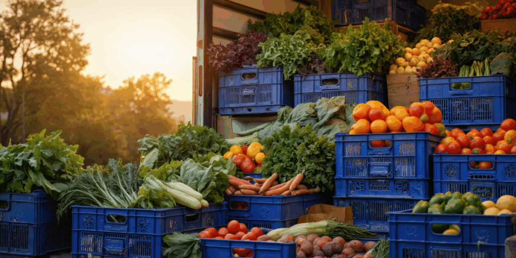 Casse di frutta e verdura pronte a essere caricate in un camion