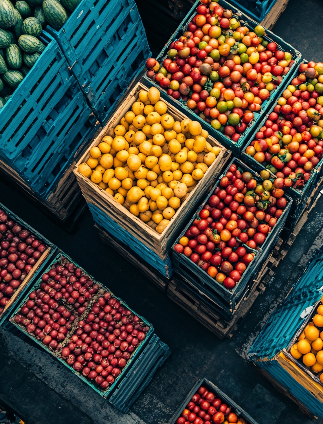 Foto dall'alto di casse di frutta impilate al mercato ortofrutticolo