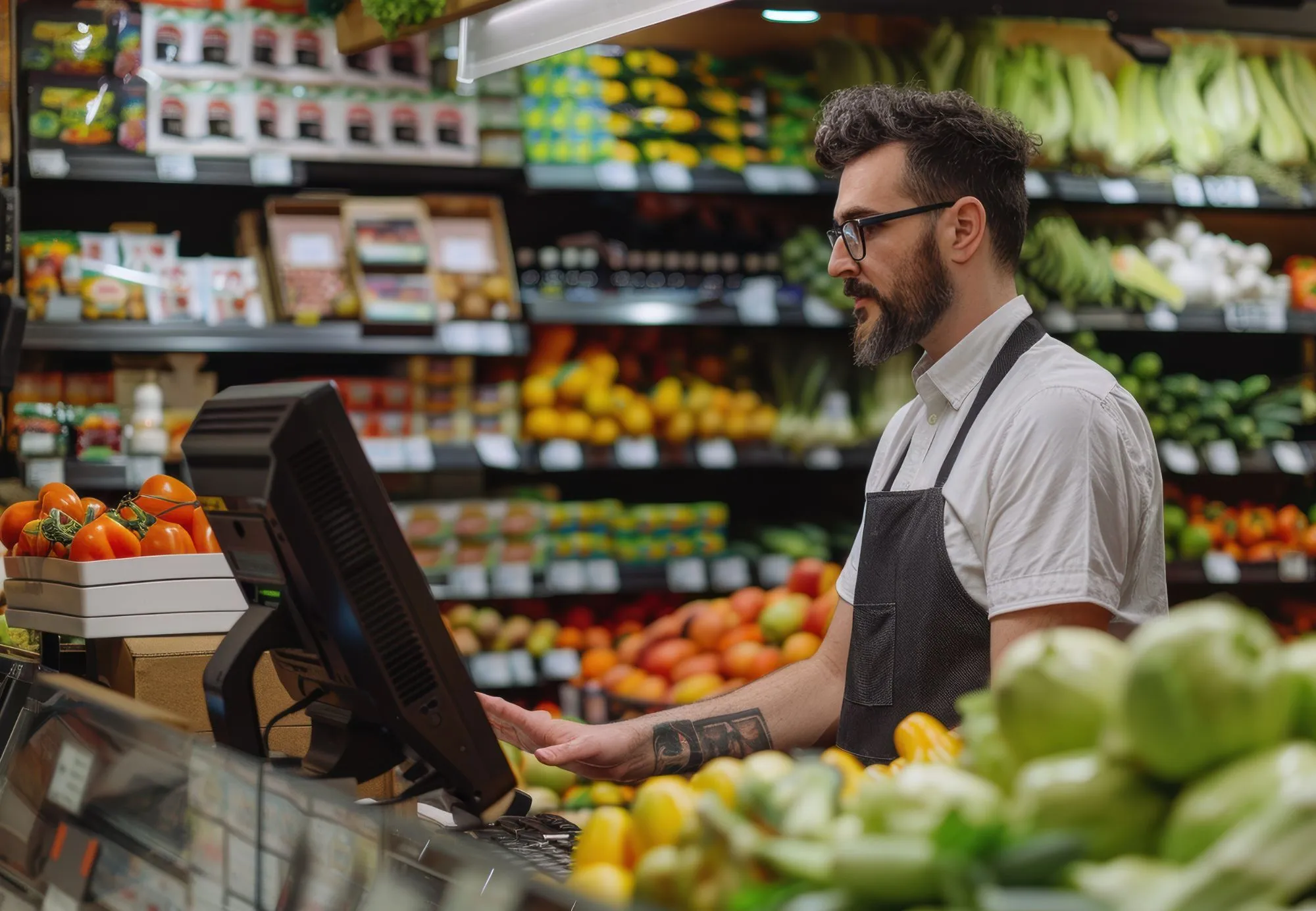 Commesso di supermercato utilizza il registratore di cassa nel reparto ortofrutta