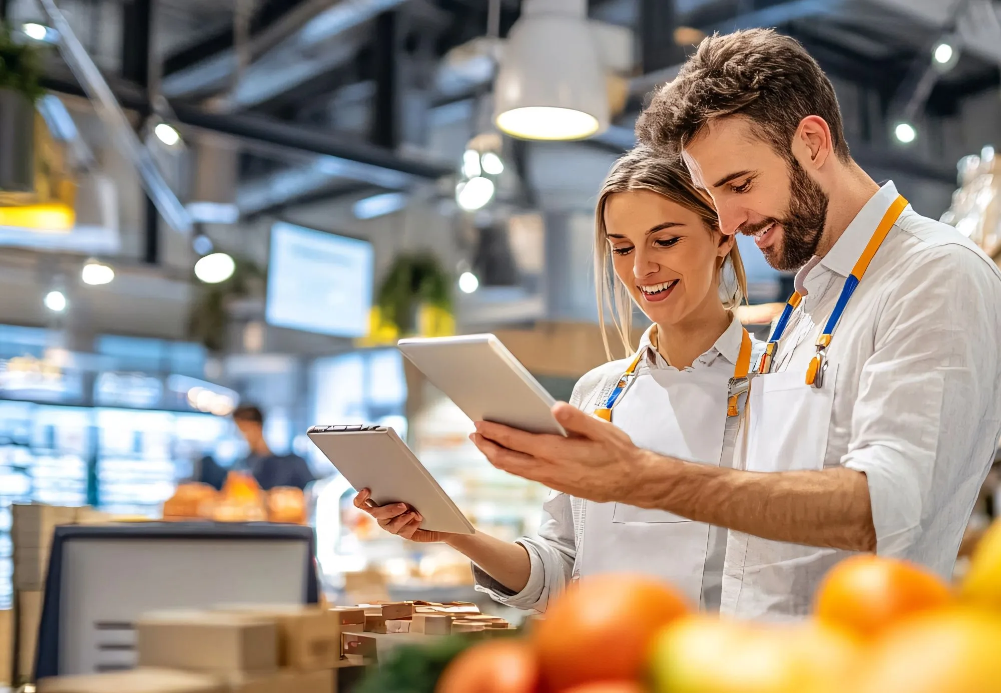 Coppia di addetti al supermercato controlla ordini con tablet nel reparto ortofrutta