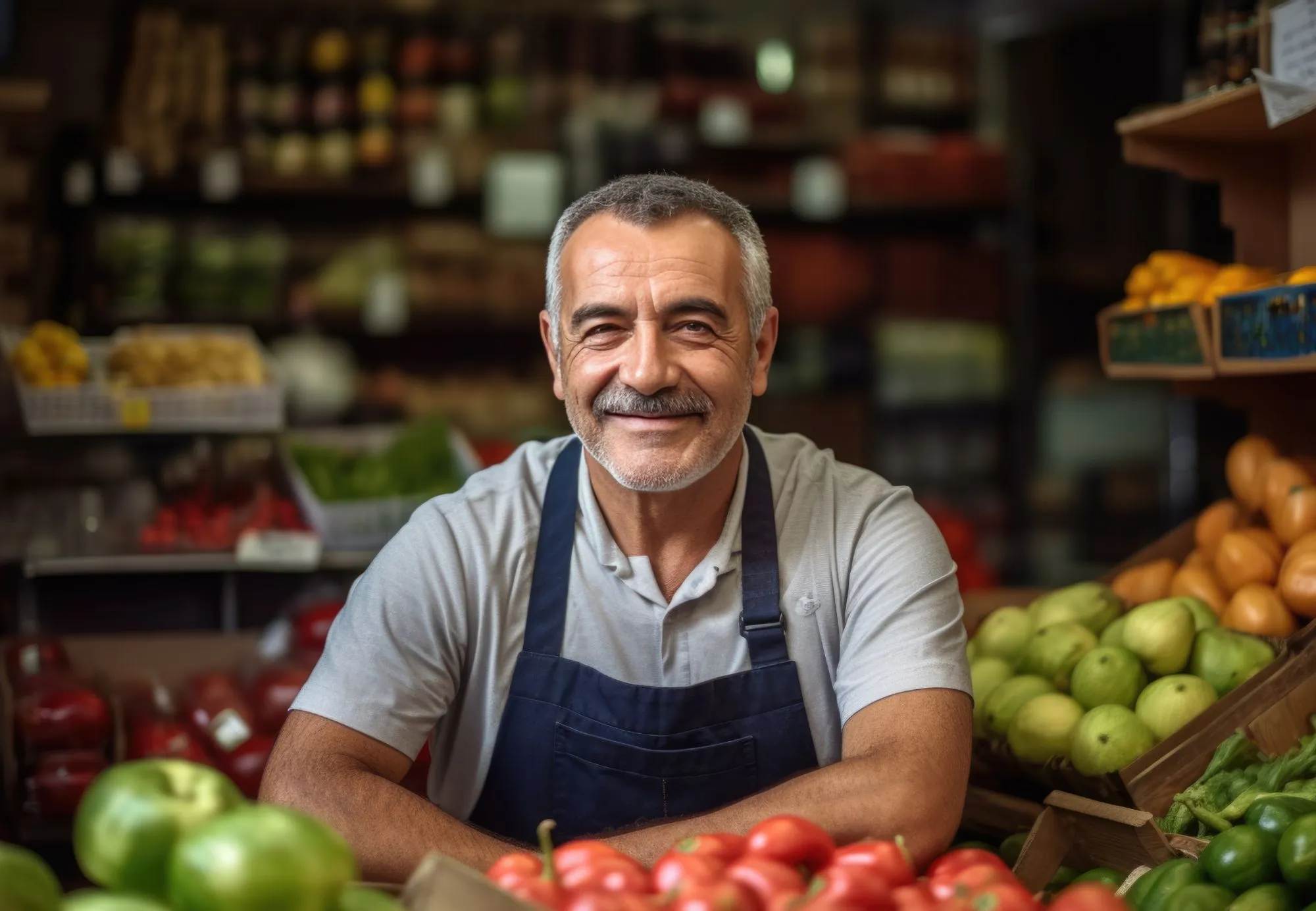 Venditore sorridente al banco di frutta e verdura fresca in un mercato ortofrutticolo