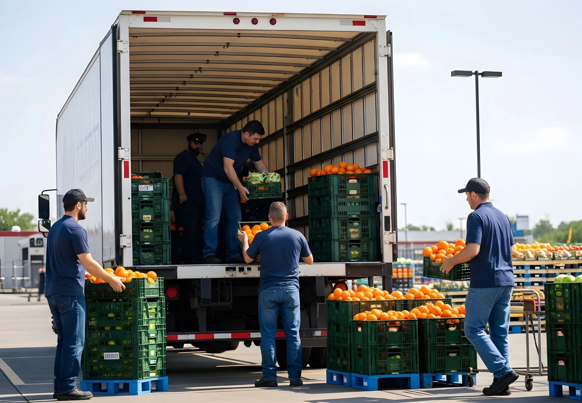 Operatori caricano casse di frutta su un camion
