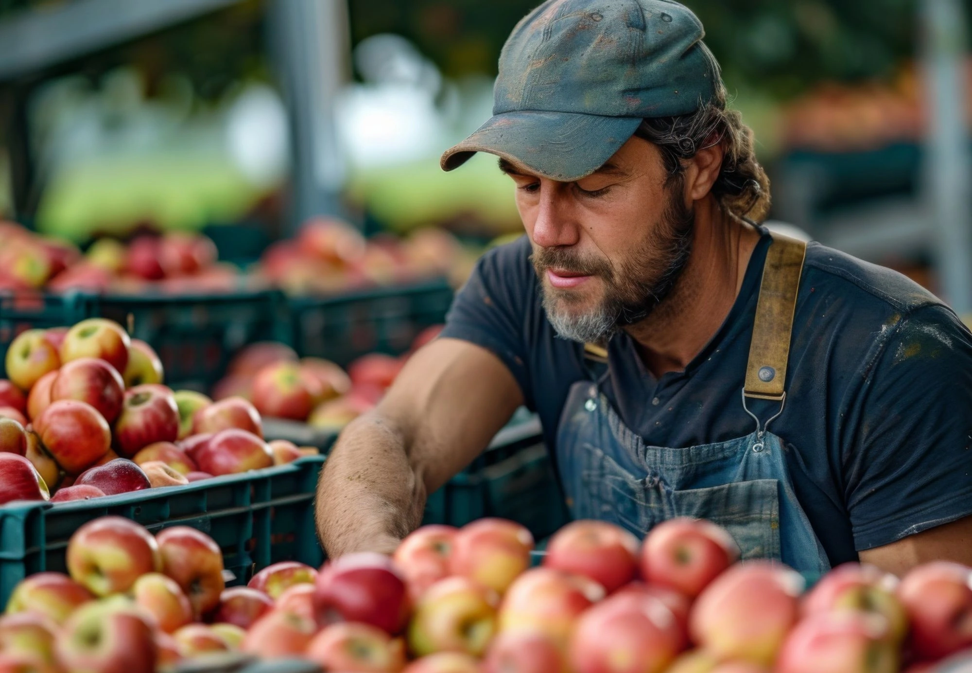 Operatore al lavoro tra le casse di frutta